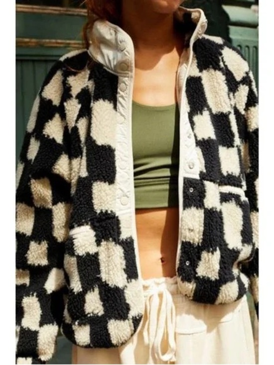 Free People Jackets & Blazers - Free People Black and Cream Checkerboard Sherpa Jacket